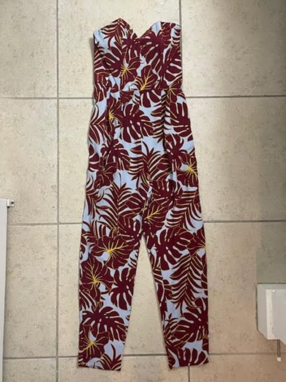 H&M Conscious Hawaiian Print Strapless Jumpsuit Maroon Blue Pockets Floral US8